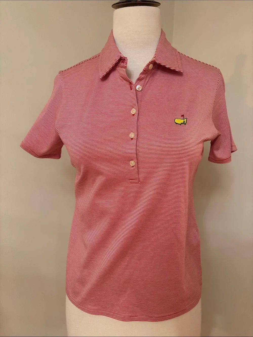 Women's Red Striped Button-Down Polo Shirt with Masters Embroidered Logo S
